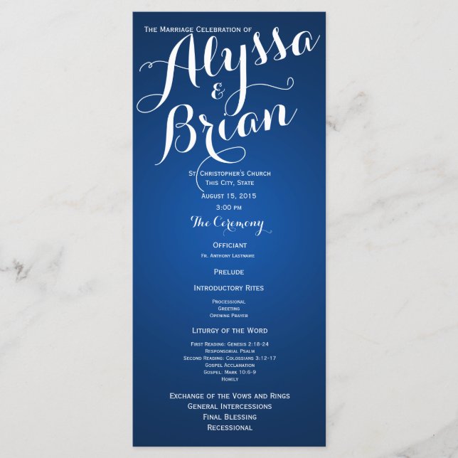 Designer Text Sapphire Blue Wedding Program Programme (Front)