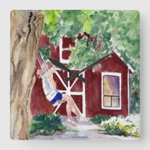 Designer Wall Clock - Girl on Swing - Watercolor