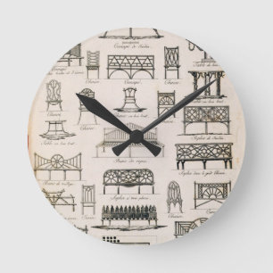 Designs for garden seats, from 'A Compendium of Dr Round Clock
