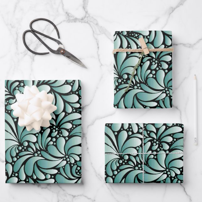 Desirable Fleur Pattern in Minty Green Wrapping Paper Sheet (Front)