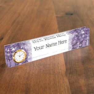 Desk Name Plate w/ Clock Option Amethyst Crystals
