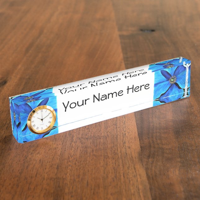Desk Name Plate w/ Clock Option Blue Poppy (Side)