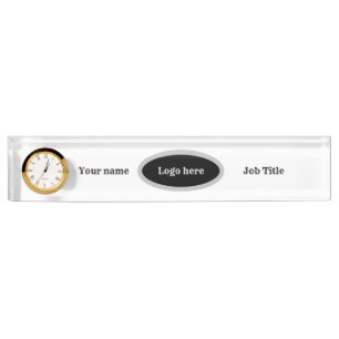 Desk Name Plate with clock. Editable text & logo