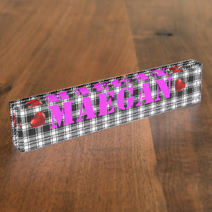 Desk Nameplate - HAMbyWhiteGlove - B/W Heart Plaid