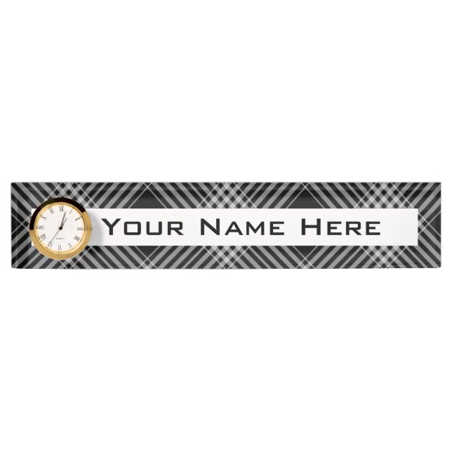 Desk Nameplate with Clock/Black and White Plaid (Front)