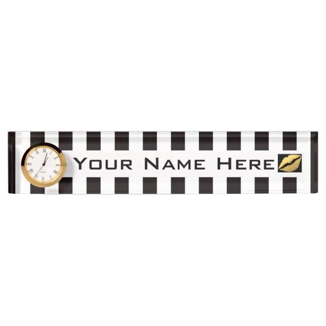 Desk Nameplate with Clock/Black and White Stripes (Front)