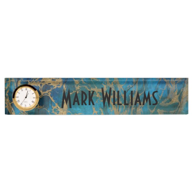 Desk Nameplate with Clock/Blue and Gold Marble (Front)