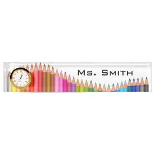 Desk Nameplate with Clock/Coloured Pencils
