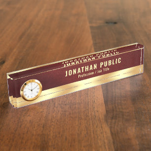 Desk Nameplate with Clock Elegant Luxurious Gold