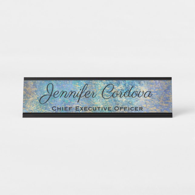 Desk Sign Peacock Teal Abstract Name Plate (Front)