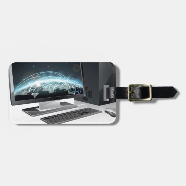Desktop computer world globe luggage tag (Front Horizontal)