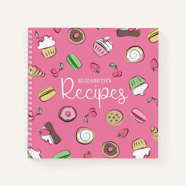 Dessert Doodles Pink Baked Goods Recipes | Name Notebook (Front)