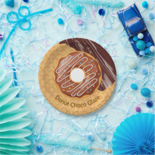 Dessert,Doughnut Choco Glaze, Chocolate Melted  Paper Plate