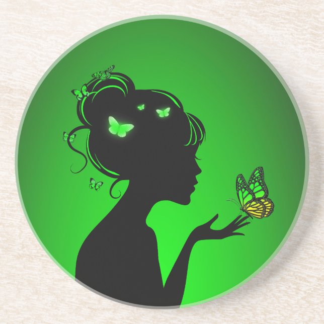 Dessous De Verre En Grès La femme papillons verts Coaster (Front)