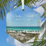Destin Florida Beach Trip Ocean Keepsake Christmas<br><div class="desc">This beautiful Destin Florida beach vacation keepsake Christmas ornament features the pretty blue green ocean waters of Sandestin along the coast. Pretty teal and blue umbrellas line the summer seashore in front of the sea grass. Lovely white cursive script for my favourite seaside city along the emerald coast. Customise with...</div>