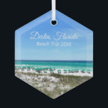 Destin Florida Beach Trip Ocean Keepsake Christmas Glass Tree Decoration<br><div class="desc">This beautiful Destin Florida beach vacation keepsake Christmas ornament features the pretty blue green ocean waters of Sandestin along the coast. Pretty teal and blue umbrellas line the summer seashore in front of the sea grass. Lovely white cursive script for my favourite seaside city along the emerald coast. Customise with...</div>