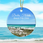 Destin Florida Beach Vacation Keepsake Christmas Ceramic Tree Decoration<br><div class="desc">This beautiful Destin Florida beach vacation keepsake Christmas ornament features the pretty blue green ocean waters of Sandestin along the coast. Pretty teal and blue umbrellas line the summer seashore in front of the sea grass. Lovely white cursive script for my favourite seaside city along the emerald coast. Customise with...</div>