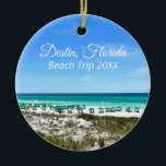 Destin Florida Beach Vacation Keepsake Christmas Ceramic Tree Decoration<br><div class="desc">This beautiful Destin Florida beach vacation keepsake Christmas ornament features the pretty blue green ocean waters of Sandestin along the coast. Pretty teal and blue umbrellas line the summer seashore in front of the sea grass. Lovely white cursive script for my favourite seaside city along the emerald coast. Customise with...</div>