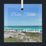 Destin Florida Coast Beach Umbrellas Photography Glass Tree Decoration<br><div class="desc">This beautiful Destin Florida beach Christmas ornament features the pretty blue green ocean waters of Sandestin along the coast. Pretty teal and blue umbrellas line the summer seashore in front of the sea grass. Lovely white cursive script for my favourite seaside city along the emerald coast.</div>