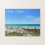 Destin Florida Coast Beach Umbrellas Pretty Custom Jigsaw Puzzle<br><div class="desc">This beautiful Destin Florida beach puzzle features the pretty blue green ocean waters of Sandestin along the coast. Pretty teal and blue umbrellas line the summer seashore in front of the sea grass. Lovely white cursive script for my favourite seaside city along the emerald coast.</div>