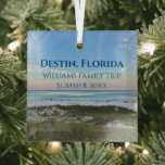 Destin Florida Custom Beach Vacation Christmas Glass Tree Decoration<br><div class="desc">This picturesque beach Christmas ornament from Destin Florida features the gorgeous pink and orange sunset gently touching the ocean waves above the sand and sea grass. Lovely seaside keepsake souvenir with personalised trip date and family last name for your favourite vacation spot.</div>