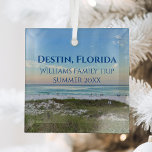 Destin Florida Custom Beach Vacation Christmas Glass Tree Decoration<br><div class="desc">This picturesque beach Christmas ornament from Destin Florida features the gorgeous pink and orange sunset gently touching the ocean waves above the sand and sea grass. Lovely seaside keepsake souvenir with personalised trip date and family last name for your favourite vacation spot.</div>