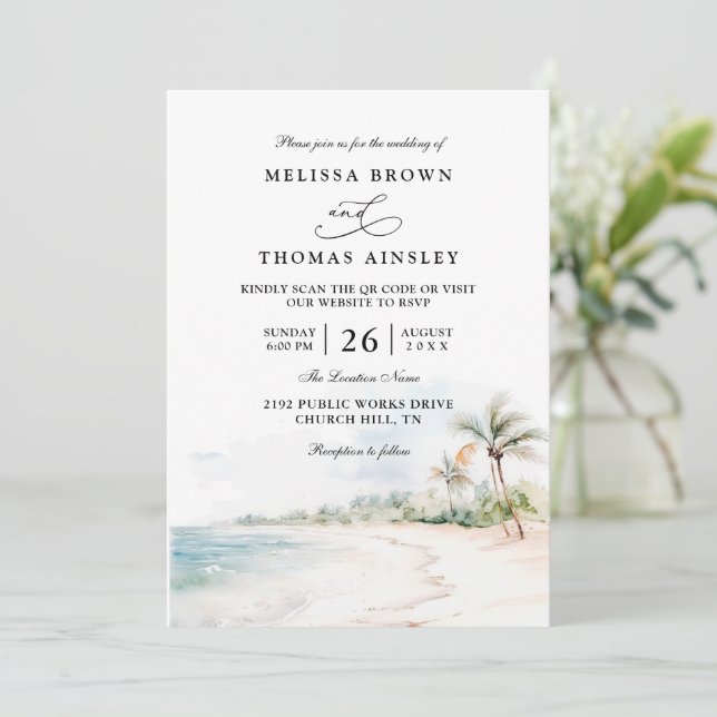 Destination Beach Elegant Modern QR Code Wedding Invitation (Standing Front)