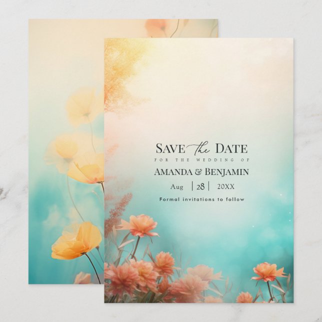Destination Beach Teal Coral & Soft Yellow Sunset  Save The Date (Front/Back)