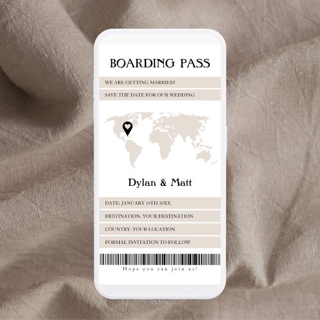 Destination Beige Electronic Boarding Pass  Save The Date (boarding pass save the date electronic boarding pass destination wedding light beige)