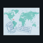 Destination Birthday Map Save the Date Announcement Postcard<br><div class="desc">Move the heart to your destination birthday party location on the world map save the date postcard, then pick the background, map, and text colours to match your travel theme or birthday party colour scheme. The personalised passport stamp artwork makes it super unique! TO EDIT: Click CUSTOMIZE FURTHER to make...</div>