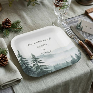 Destination Deep Forest Mountain Wedding Paper Plate