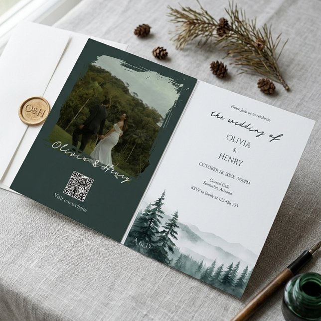 Destination Deep Forest Mountain Wedding Photo QR Invitation (Creator Uploaded)