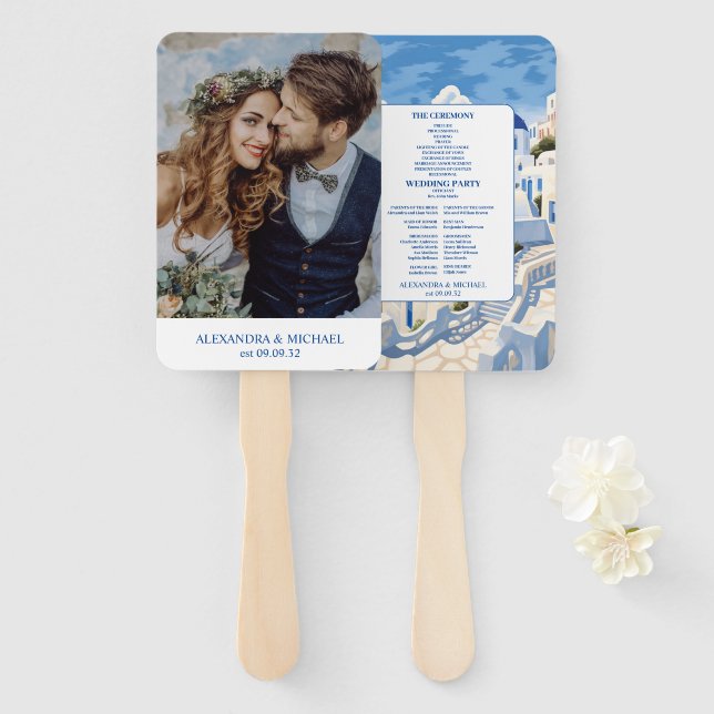 Destination Greece Santorini Wedding Hand Fan (Front and Back)