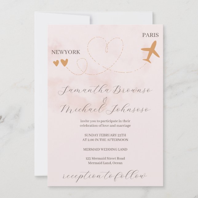 Destination plane flight abroad Pink wedding Invitation (Front)