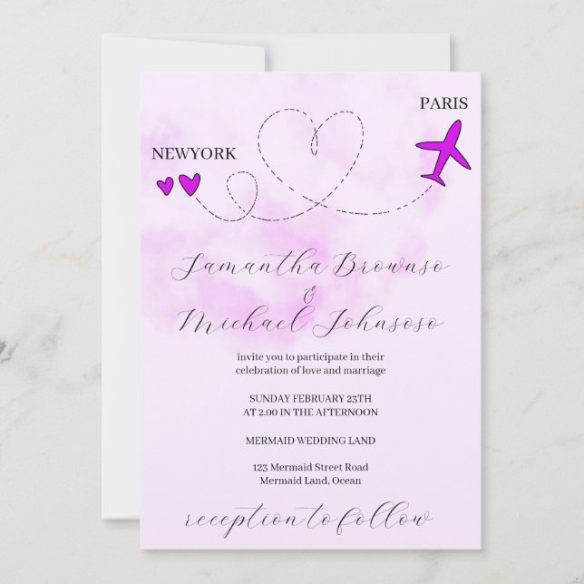 Destination plane flight abroad purple wedding invitation (Front)