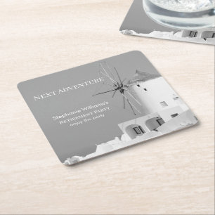 Destination Retirement Party Greek White Grey Square Paper Coaster