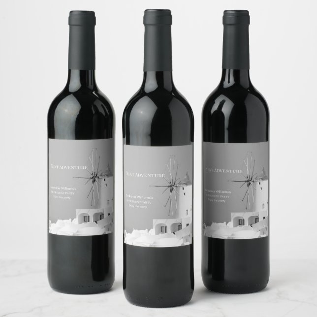 Destination Retirement Party Greek White Grey Wine Label (Bottles)