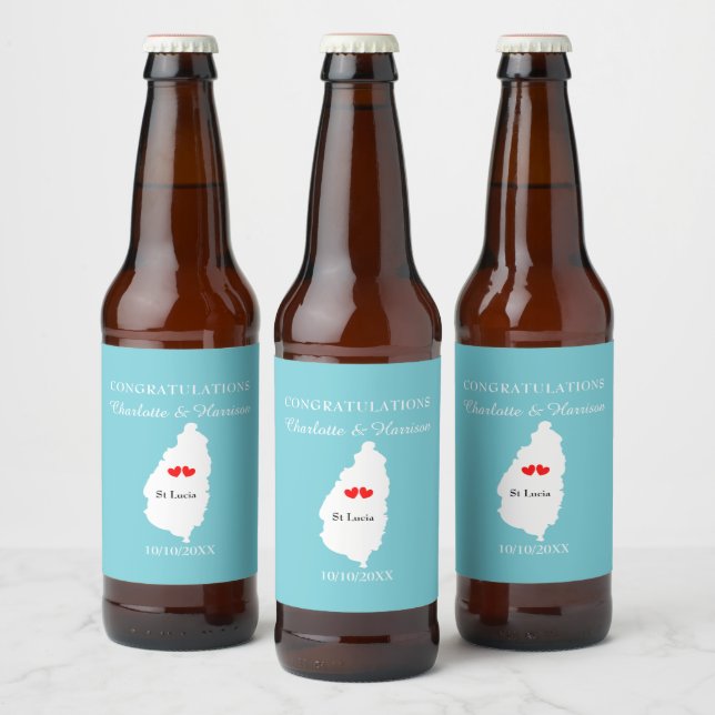 Destination St Lucia Wedding Celebration Beer Bottle Label (Bottles)