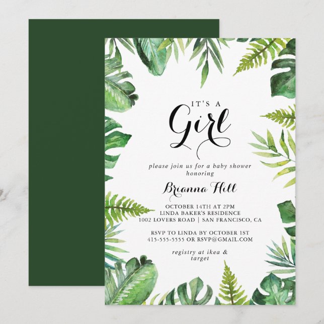 Destination Tropical Green It's A Girl Baby Shower Invitation (Front/Back)