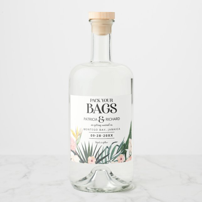 Destination Tropical Wedding Save The Date Liquor Bottle Label (Front)