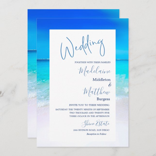 Destination Wedding Beach Ocean Blue Modern  Invitation (Front/Back)