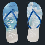 Destination Wedding Beach Scene Bride Flip Flops<br><div class="desc">Great for a destination wedding or the honeymoon.  There's a calm beach scene with the ocean and blue skies. Down the centre is the word "bride" in a white script. Personalise with your name. Check out the many other bride designs we have in our store.</div>