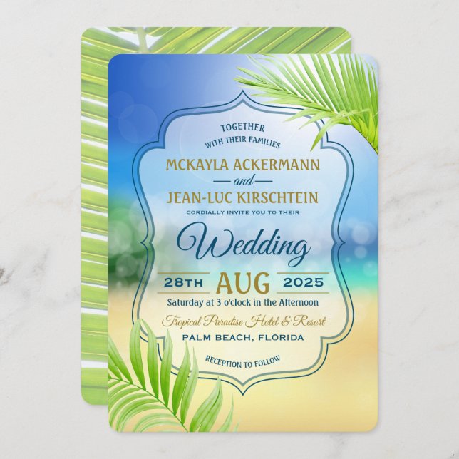 Destination Wedding Beach Tropical Palm Tree Leaf Invitation (Front/Back)