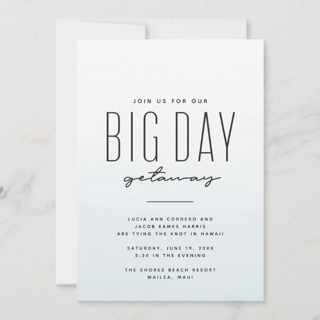 Destination wedding blue watercolor simple fun invitation (Front)