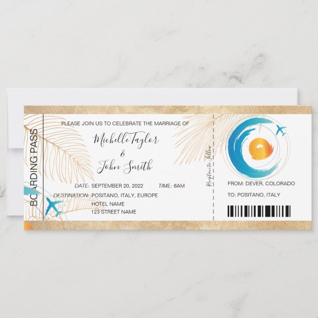 Destination Wedding Boarding Pass Heart Plane Icon Invitation (Front)