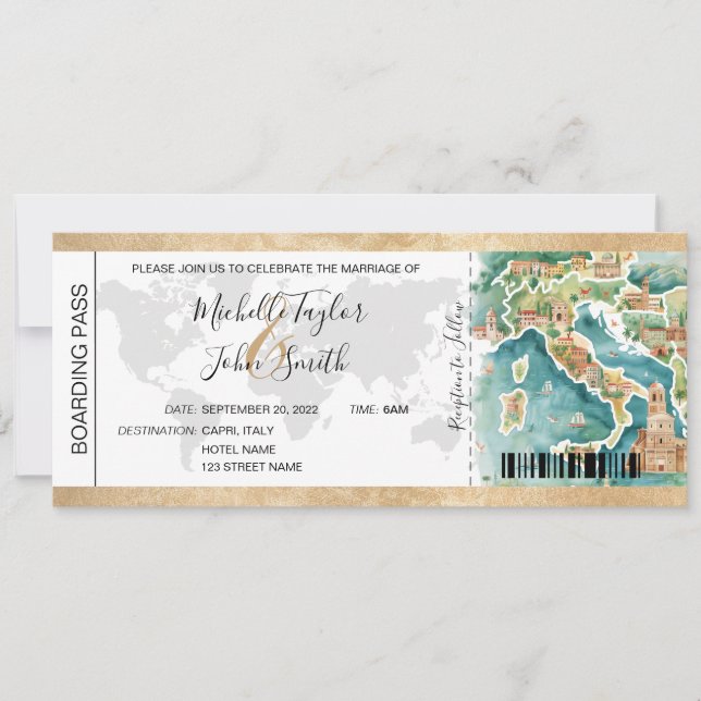 Destination Wedding Boarding Pass Italy Invitation (Front)