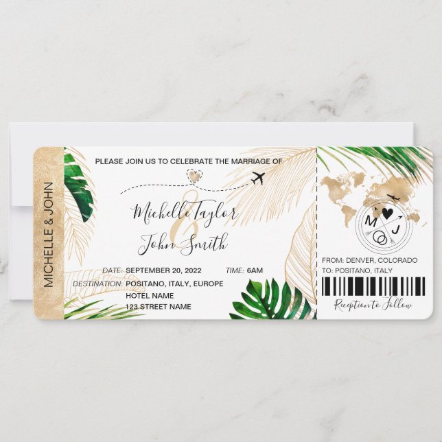 Destination Wedding Boarding Pass Plane Tropical I Invitation (Front)