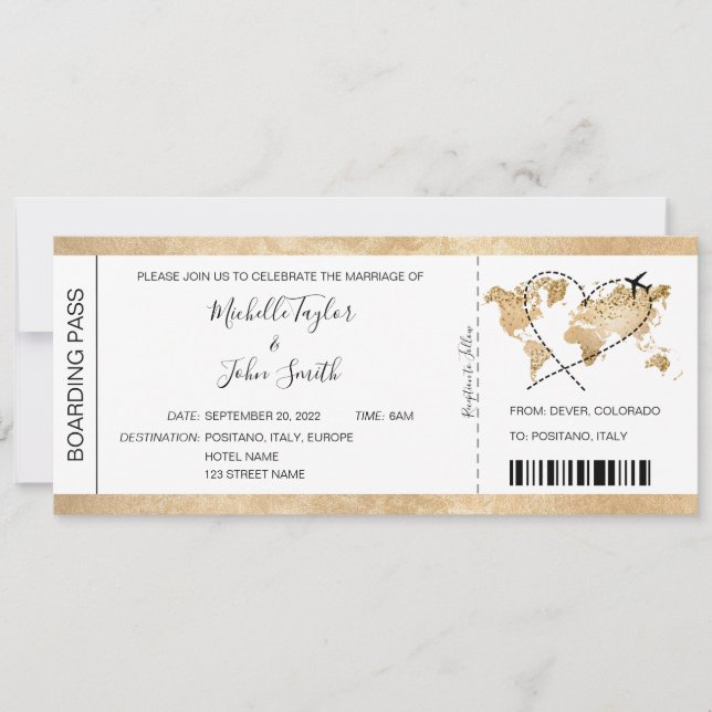Destination Wedding Boarding Pass Ticket Gold Plan Invitation (Front)