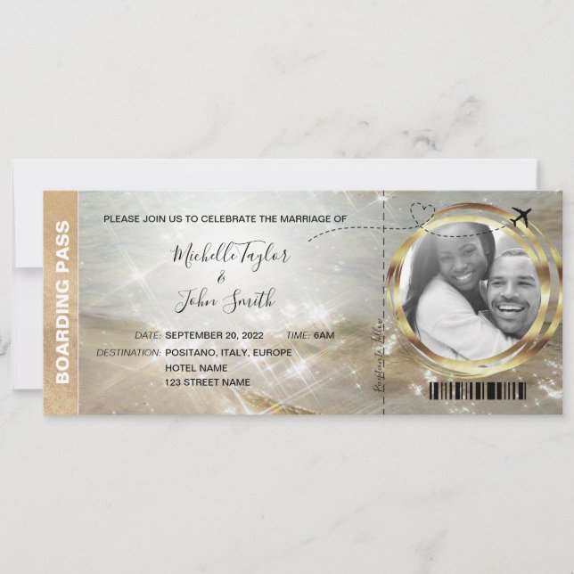 Destination Wedding Boarding Pass Tropical Beach Invitation (Front)