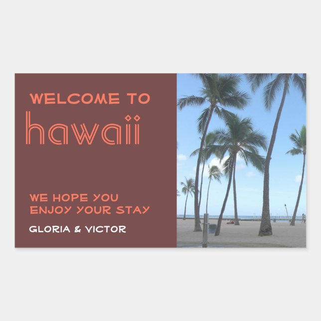 Destination wedding brown tropical gift bag label (Front)